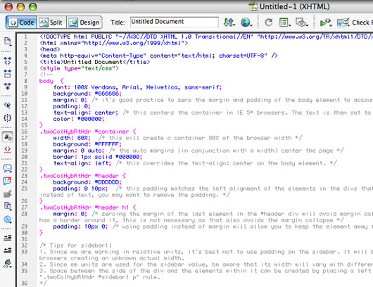 Codice html pagine di esempio dreamweaver cs3