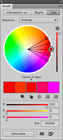 La finestra Kuler permette di accedere al servizio online di Adobe Kuler per la creazione e condivisione di tabelle di colori.
