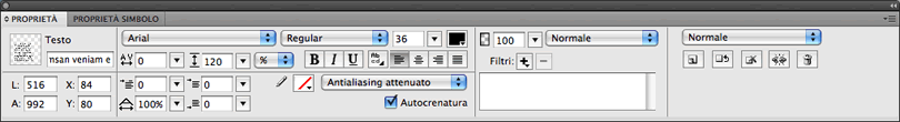 La gestione dei caratteri è stata del tutto rinnovata rispetto alla versione CS3, sebbene la finestra delle Proprietà sia molto simile.