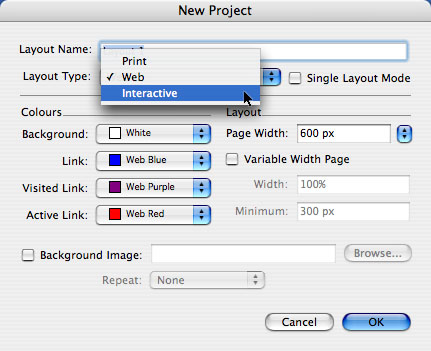 Pannello nuovo progetto quark interactive designer